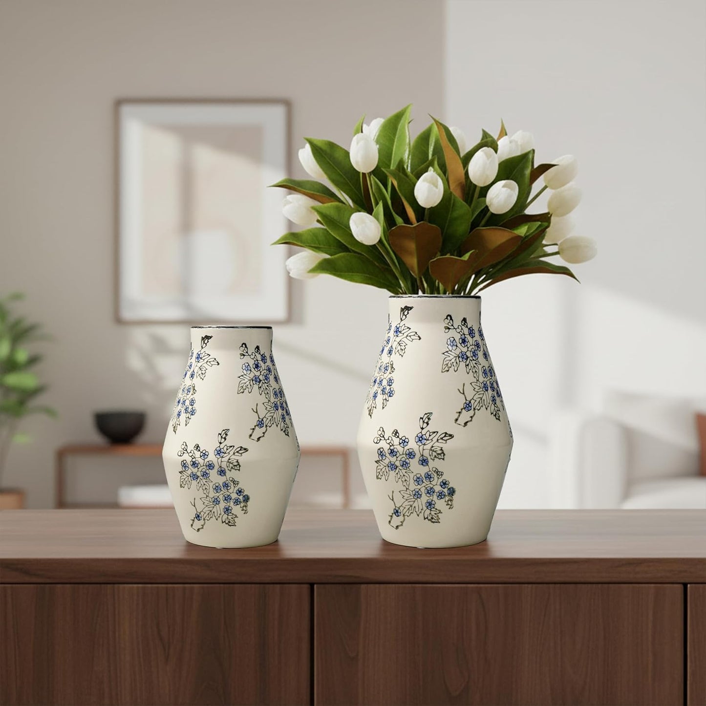 Tall Ceramic Vase for Flowers / Blue and White / 11 Inch