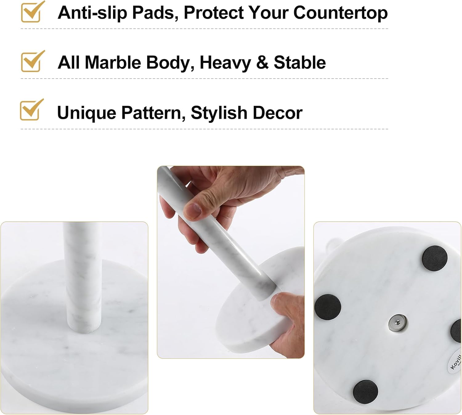 Carrara Marble Paper Towel Holder Countertop, 6" Genuine Stone Paper Towel Holder Stand for Kitchen Storage, for