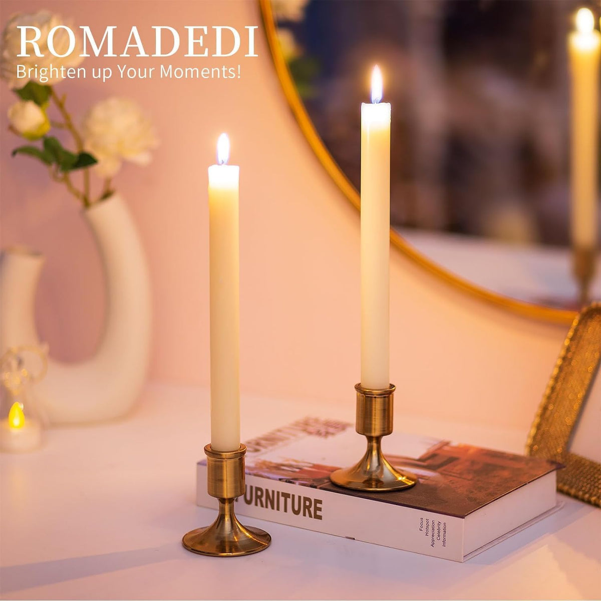 Romadedi Gold Candlestick Candle Holders for Taper, 12 PCS Gold Brass Color Candle Stick Candle Holder for Table