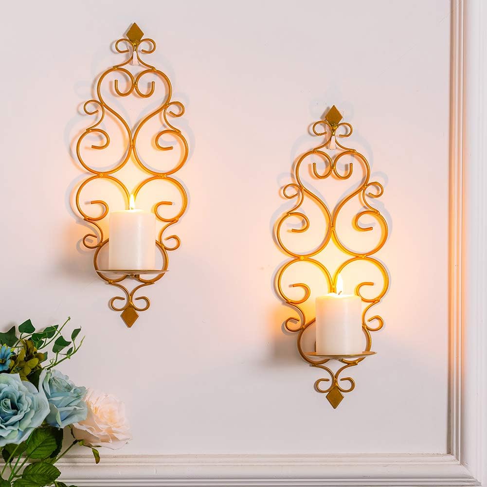 Iron Wall Candle Sconce Holder Hanging Wall Mounted Pillar Candle Sconces Holder / Gold / Set of 2