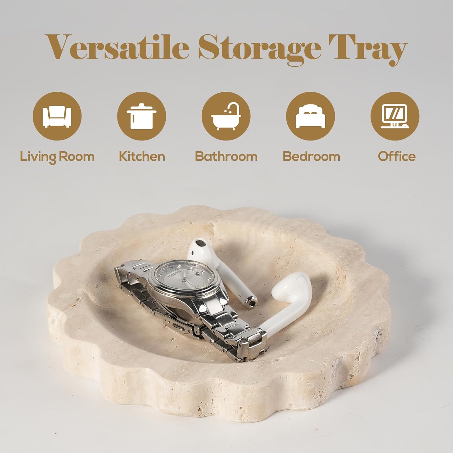 Round Scalloped Decorative Tray / Beige Travertine / D=5.51