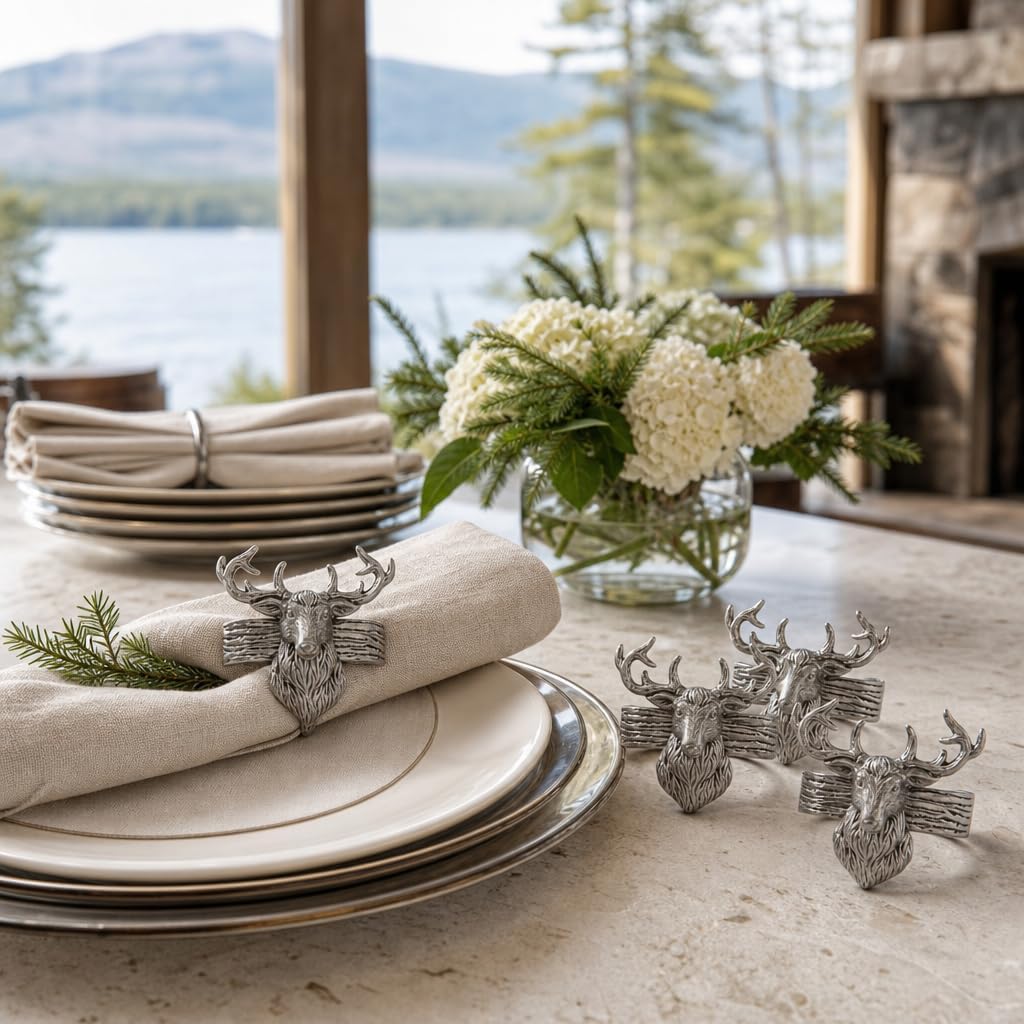 Arthur Court Elk Head Napkin Rings - Rustic Metal Set of 4 for Lodge Decor, Thanksgiving & Holiday Dining