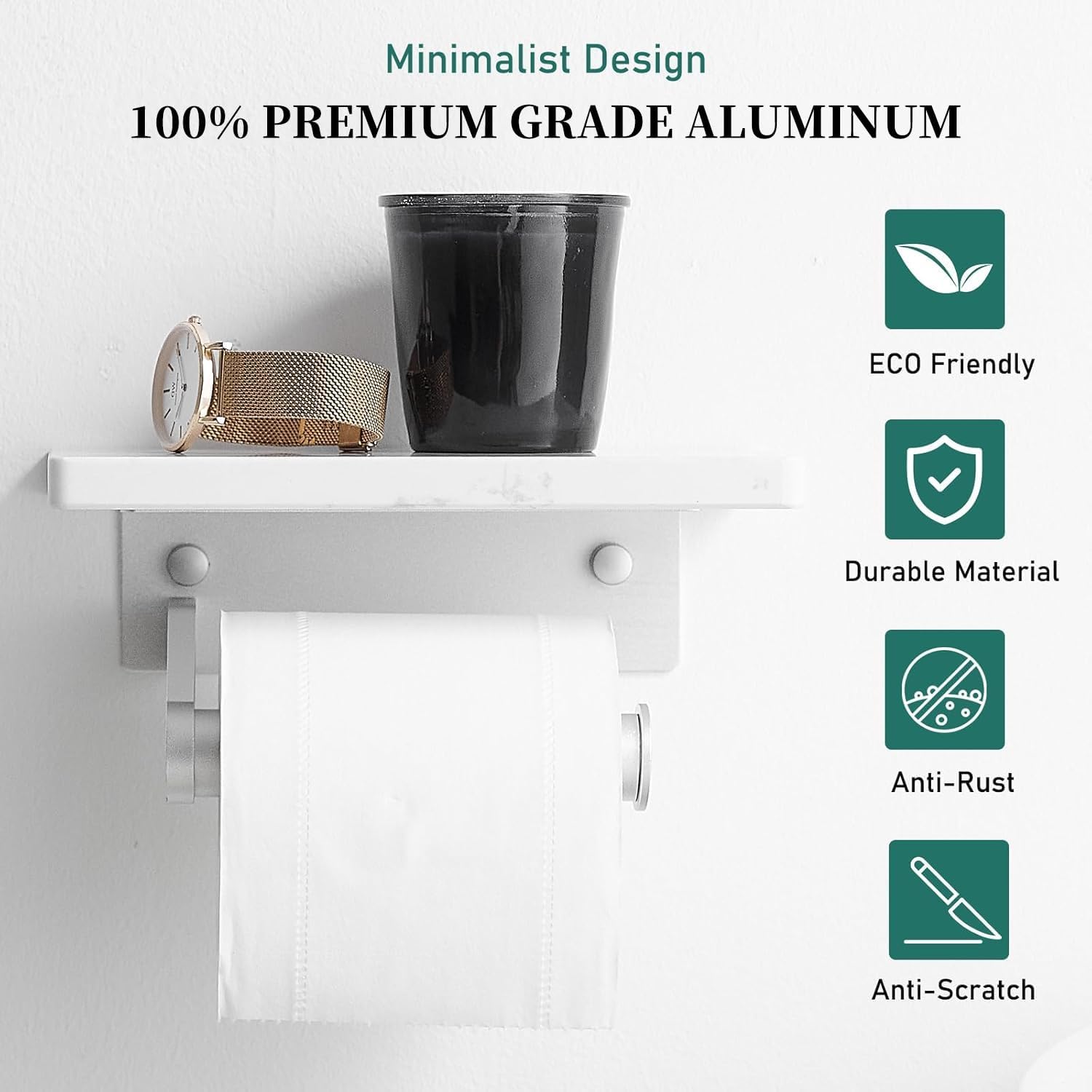 Hoimpro Toilet Paper Holder with Marble Shelf, Wall Mount Brushed Silver | White Natural Marble Phone Shelf Commercial