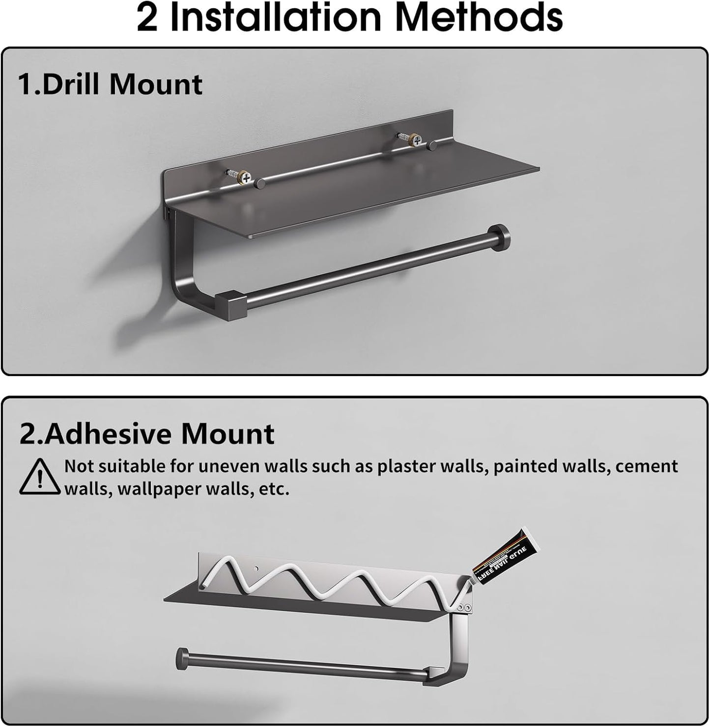 Kitchen Paper Towel Holder with Shelf Wall Mount, Adhesive Hand Towel Holder for Bathroom, Matte Grey