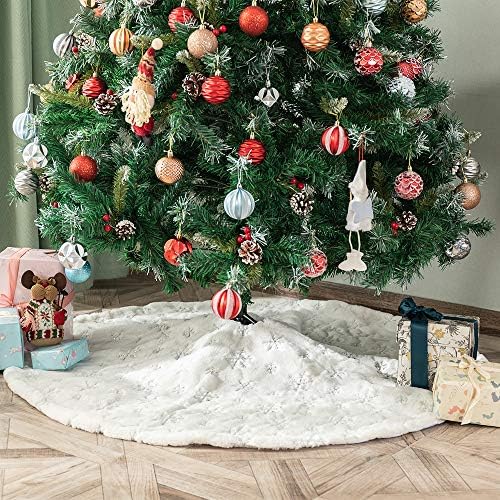 Christmas Tree Skirt 58 inches White Faux Fur Silver Snowflake Sequin Embroidered Luxury Tree Skirt Xmas Decoration