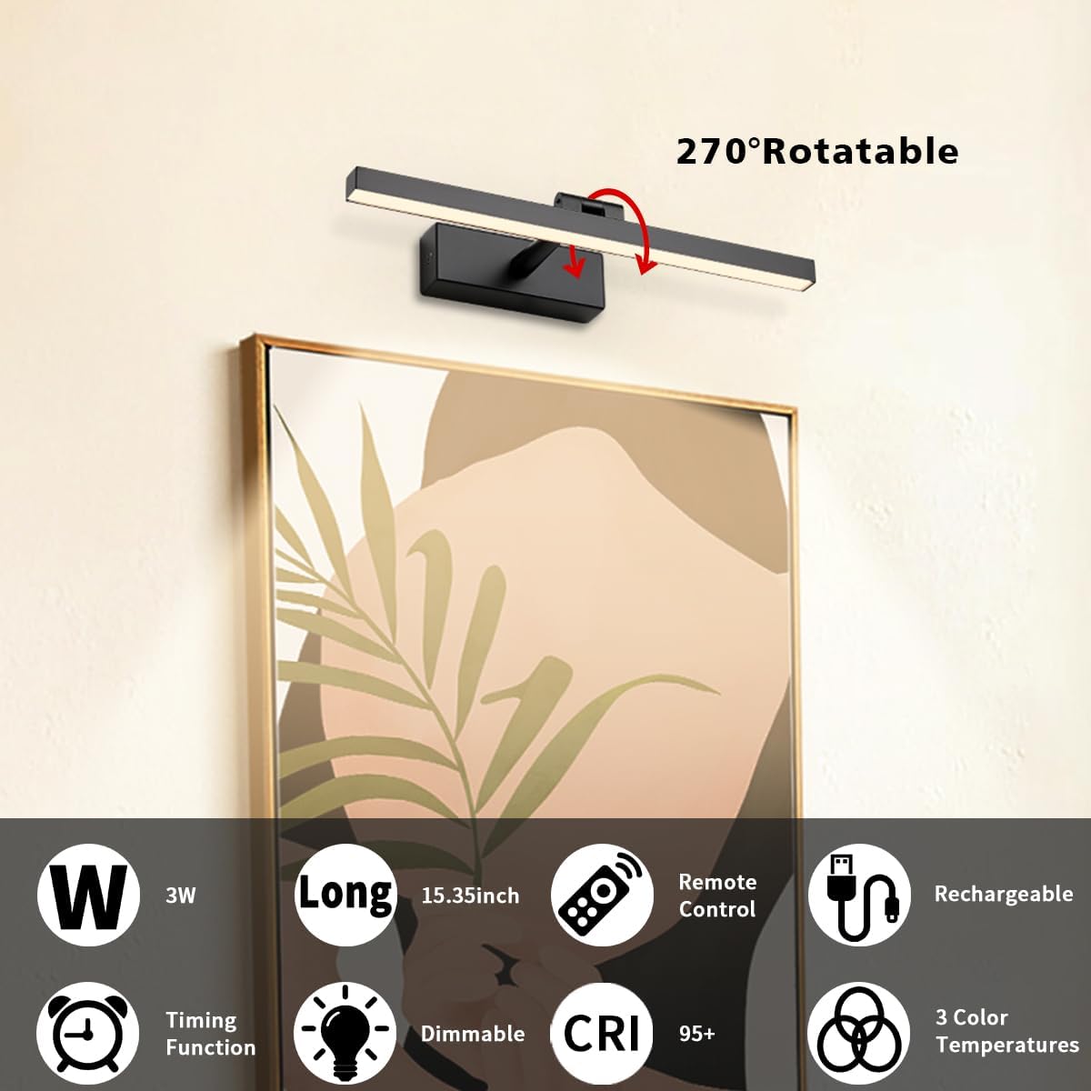 Joosenhouse Wireless Picture Light Battery Operated Gallery Light with Remote Control Rechargeable Wall Lights Black