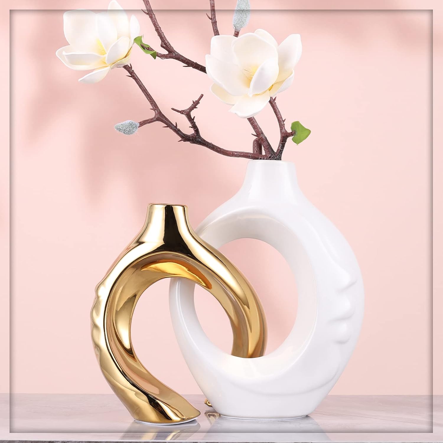 Ceramic Decorative Vase Home Decor / White Gold / Set of 2