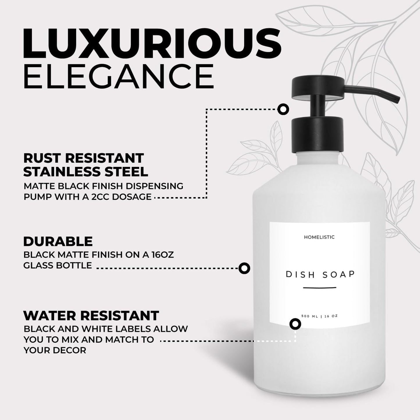 Luxury Glass Soap Dispenser Set of 2 - Elegant Aesthetic White Glass Bottles with Modern Matte Black Stainless Steel