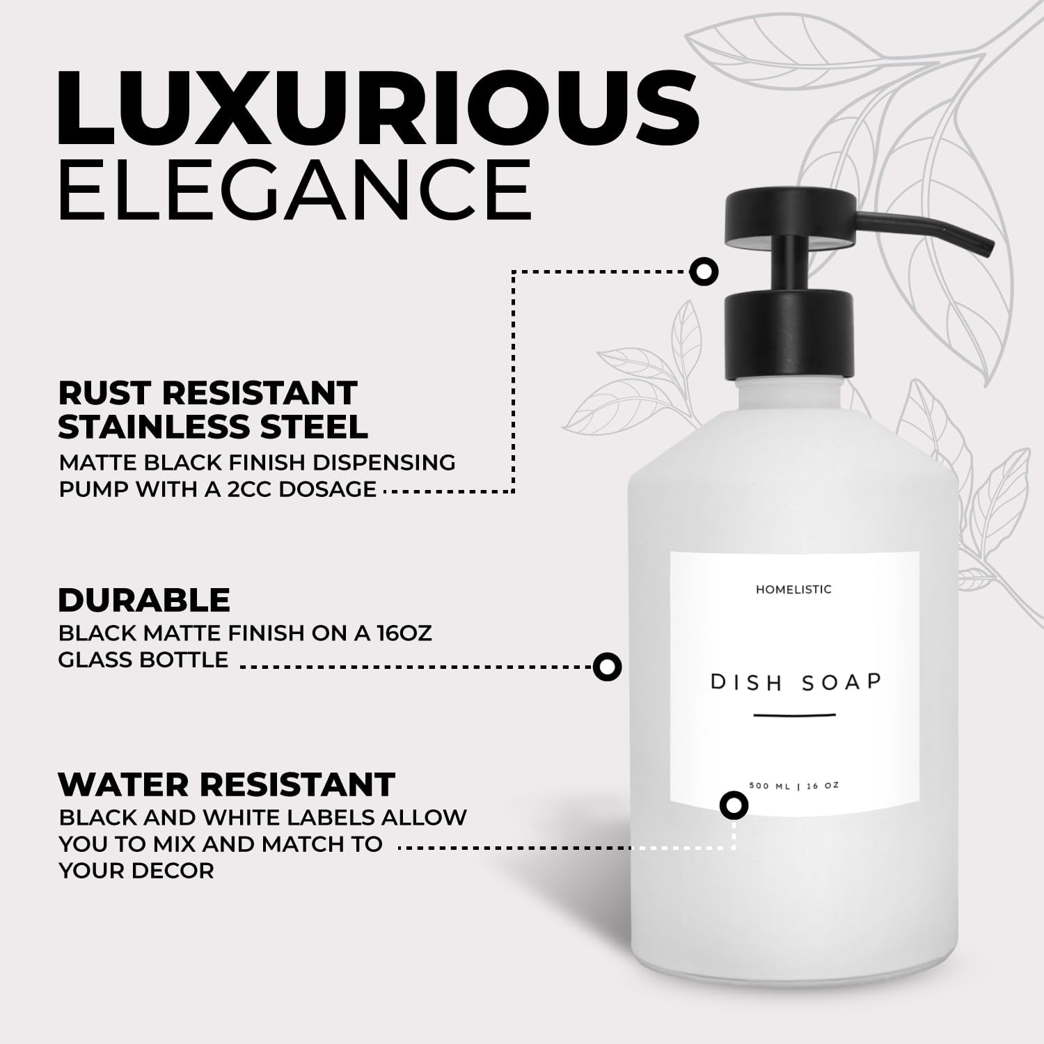 Luxury Glass Soap Dispenser Set of 2 - Elegant Aesthetic White Glass Bottles with Modern Matte Black Stainless Steel