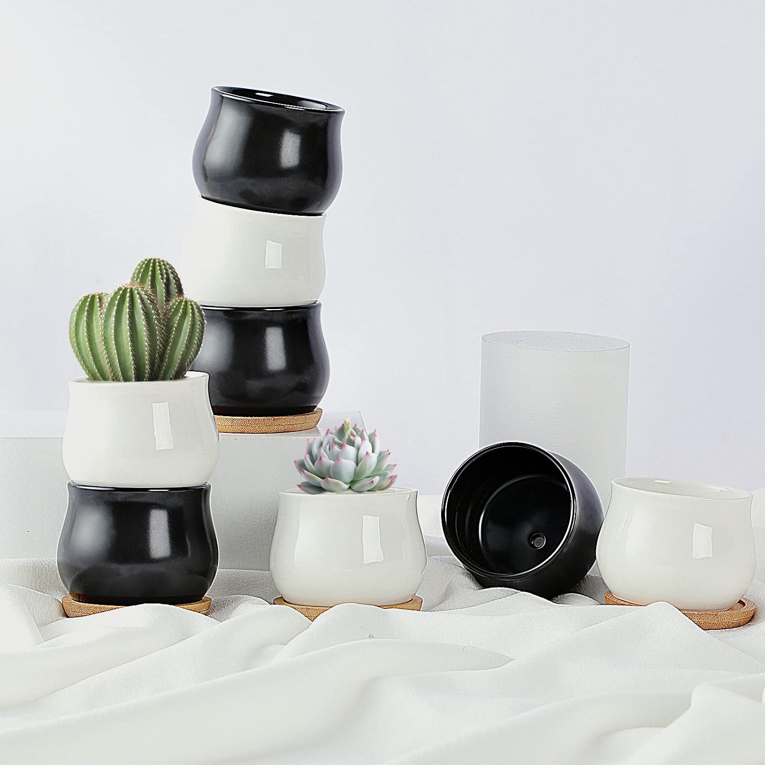 Mini Ceramic Flower Planter Pot / Black,white / 2.6 Inch / Set of 12