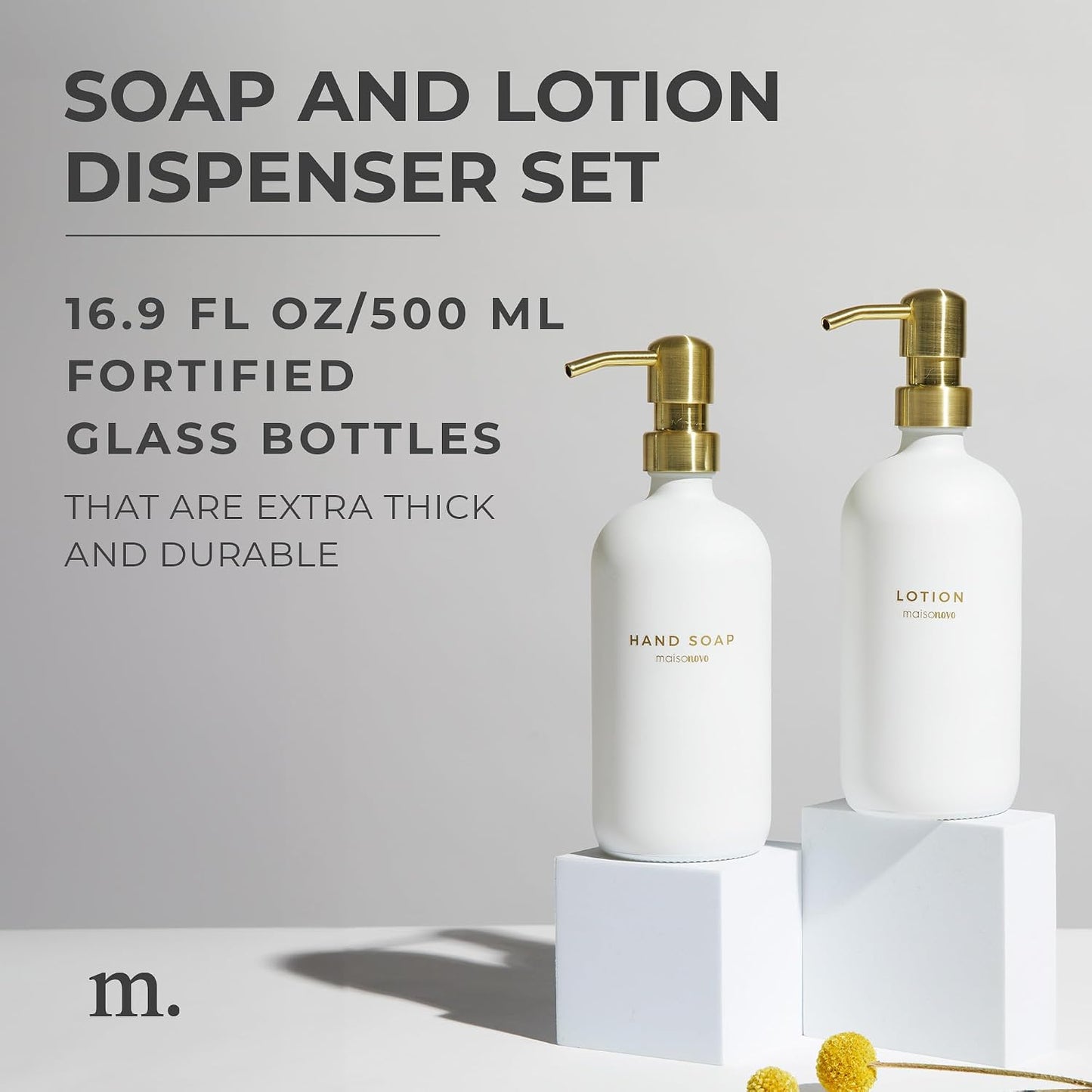MaisoNovo Soap Dispenser 2-Piece Set | 16.9oz Clear Bottles with Gold Stainless Steel Pump Core