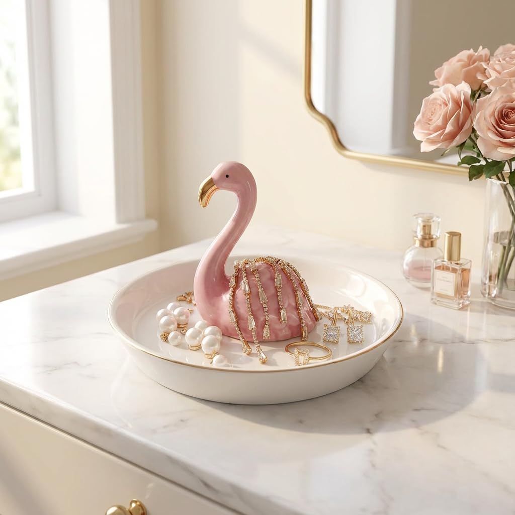 Jewelry Holder & Ceramic Ring Dish / Flamingo / Pink