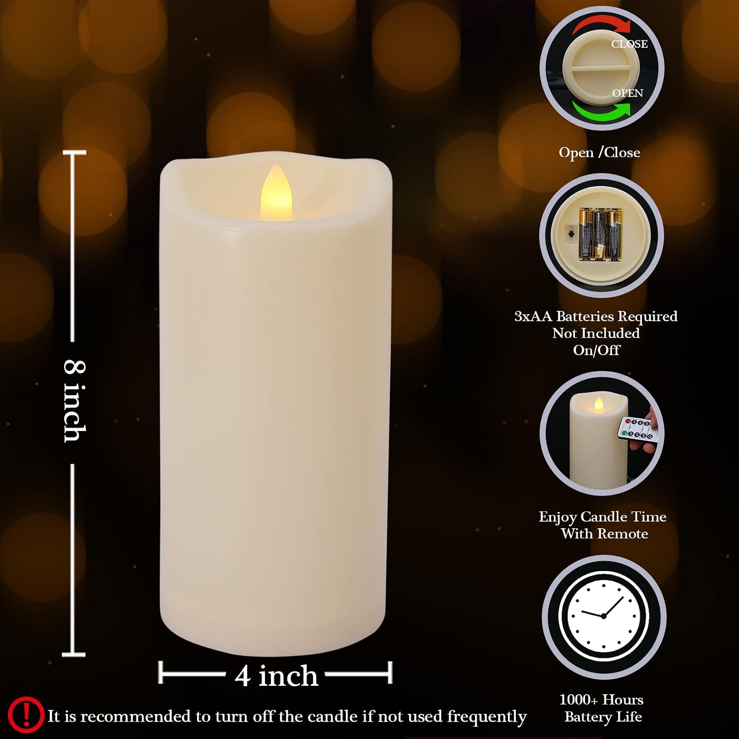 Large Flameless Candles with Remote and Timers Outdoor Waterproof, 8" x 4" Battery Operated Flickering LED Pillar