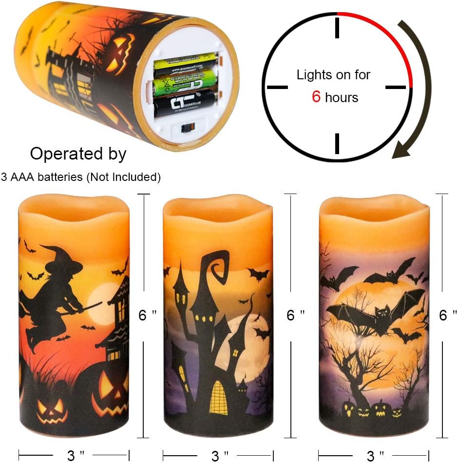 Halloween Decor Flameless Candles Battery Operated with 6H Timer | LED Pillar Candles Flickering, Real Wax 300 Hours