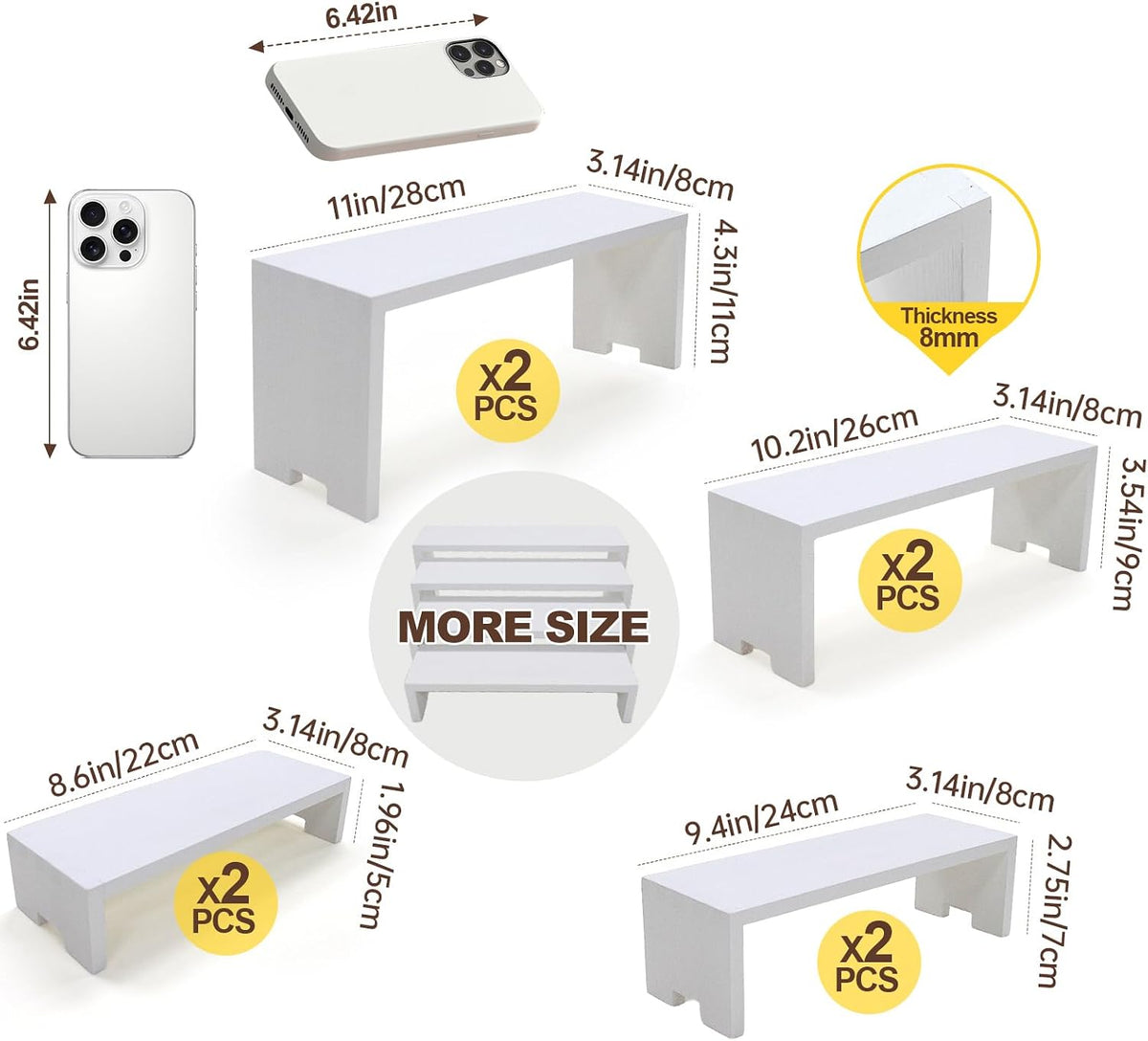 Yikaroeli 2 Set Large White Display Risers Wood Riser Cupcake Display Stand 4 Tiered 8Pcs Rectangular Perfume Dessert