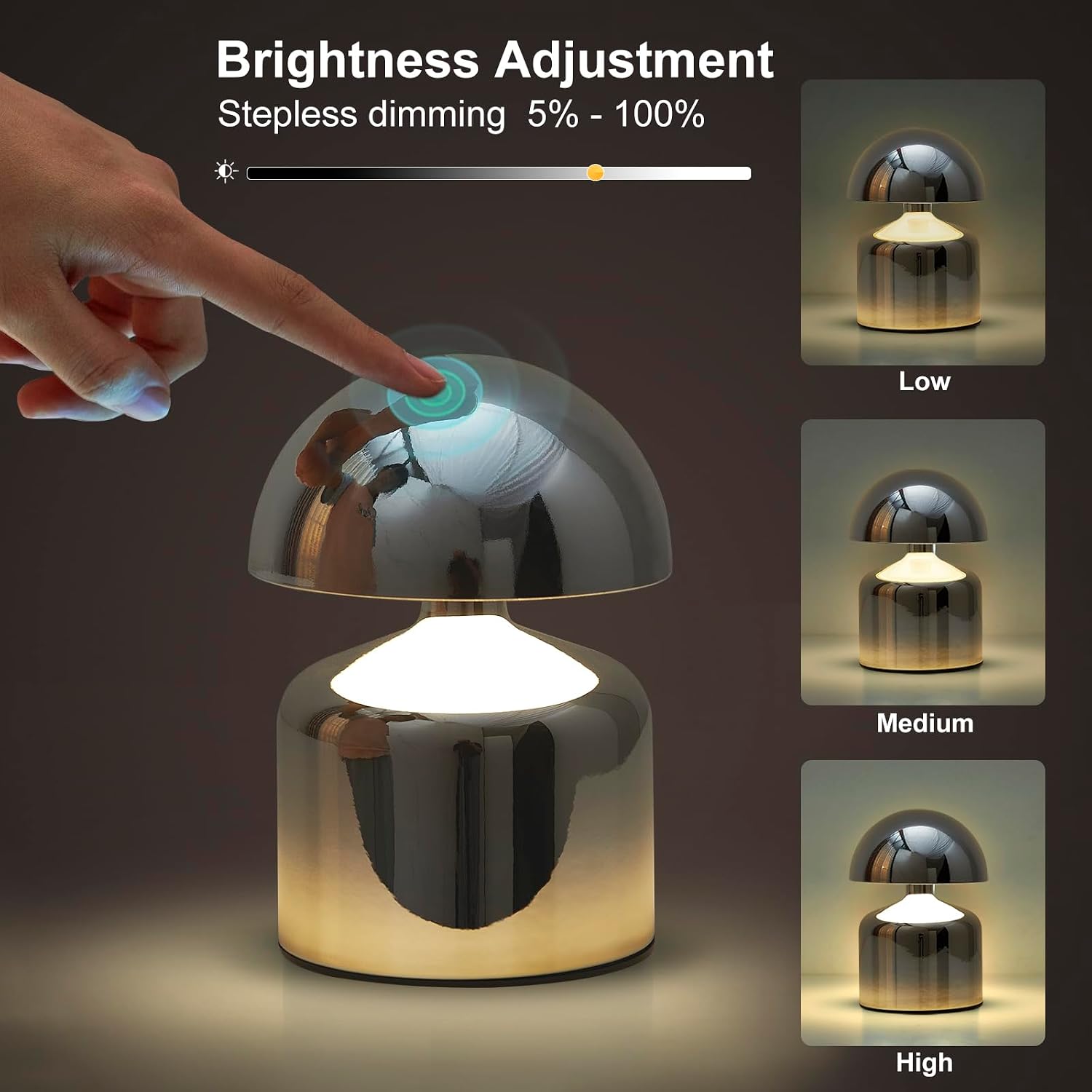 SAIWEYA Modern Cordless Mushroom Small Table Lamp, Dimmable Touch Battery | 3-Way Dimmable, Mini Rechargeable LED Desk