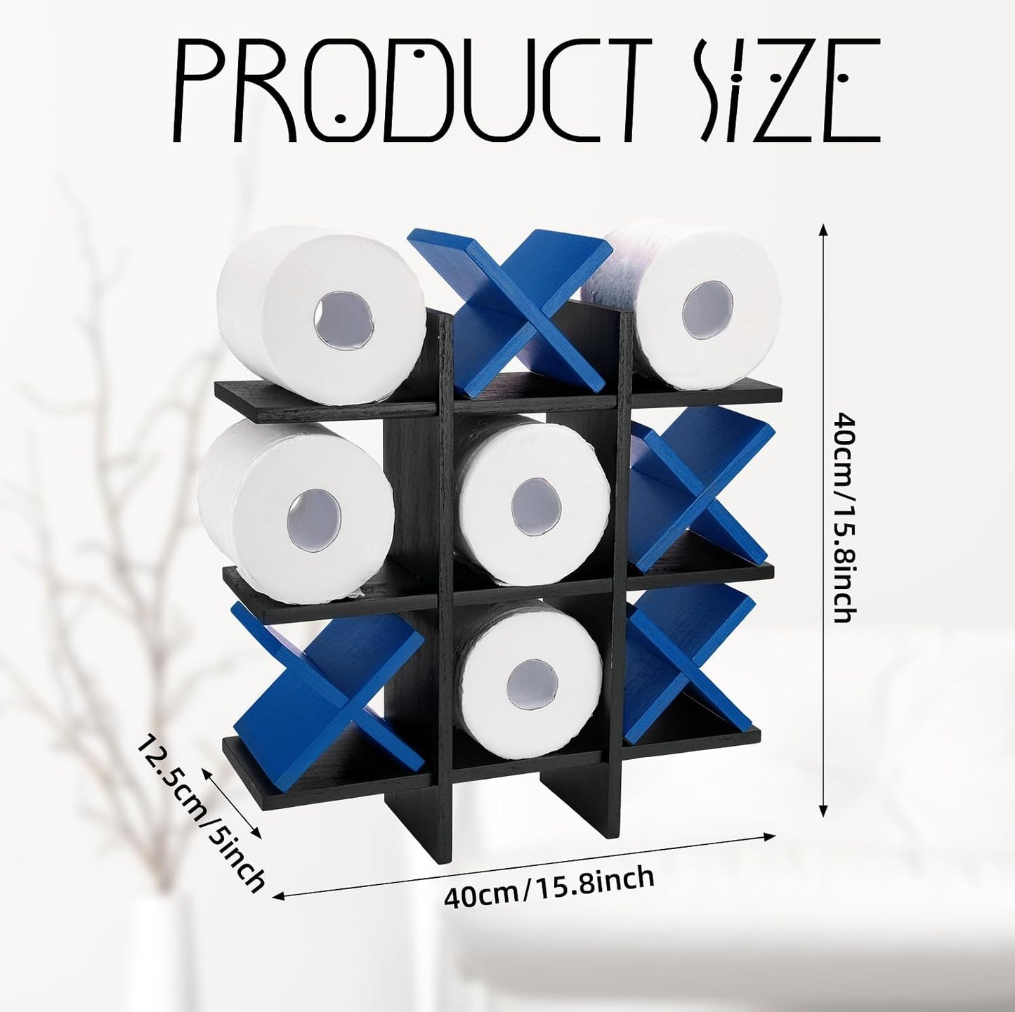 Weysat Tic Tac Toe Toilet Paper Holder,Black, Dark Blue | Farmhouse Bathroom Decor, Freestanding or Wall Mount Storage