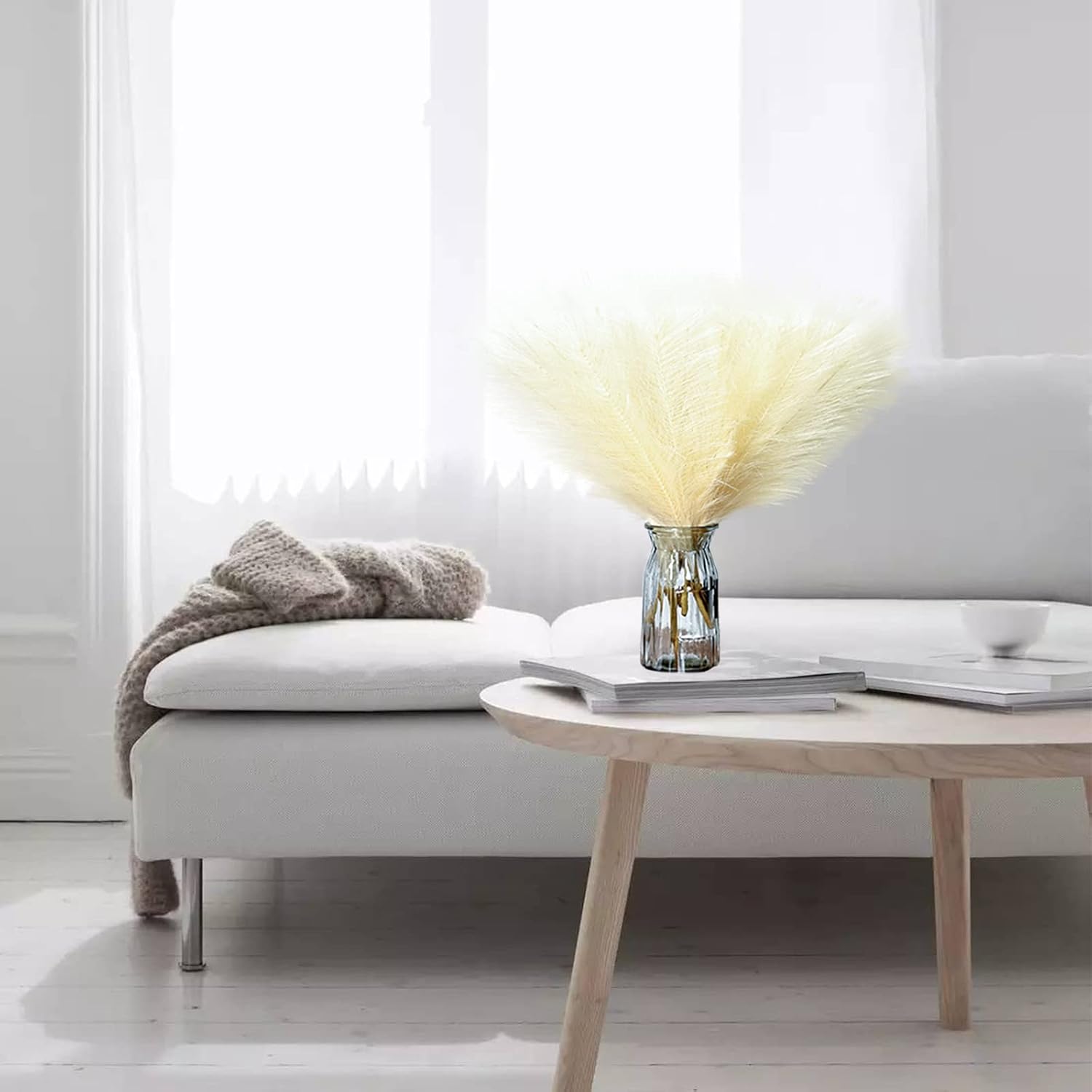 6 Stems Artificial Pampas Grass Decor Flurry Pompous Grass for Small Vase Boho Home / Beige / 18 In