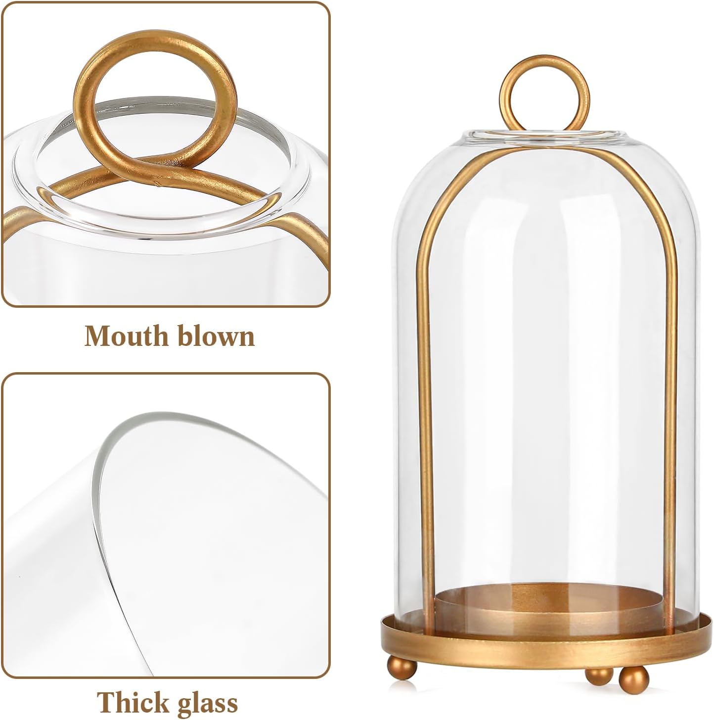 Vintage Brass Metal Candle Lantern with Thick Glass Dome Set of 2 | Shabby Chic Style Candle Holders (5.25"x10" &