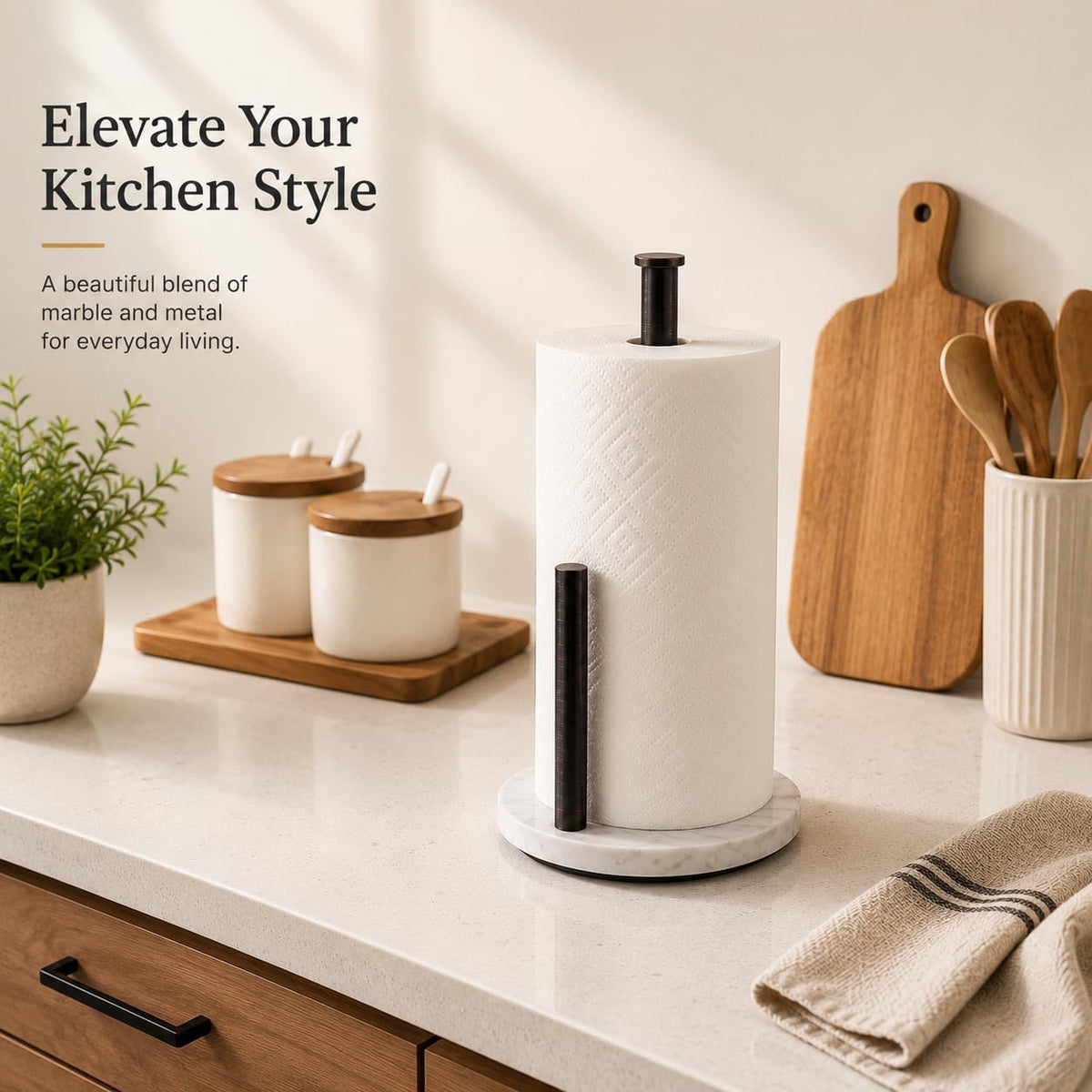 Oil Rubbed Bronze Paper Towel Holder for Kitchen Countertop, 304 Stainless Steel Roll Dispenser with White Engineered
