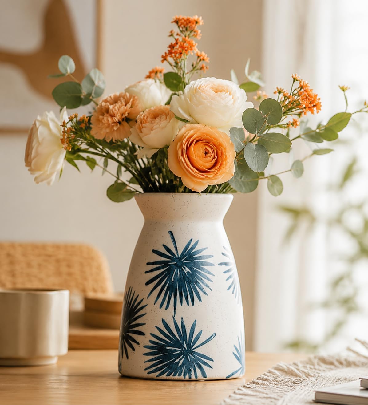 Modern Vases / White Flower Vase- Ceramic Vase for Decor / Teal White-7inch