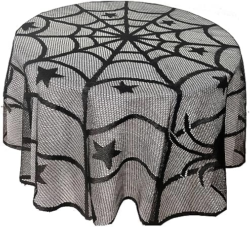 5 Pack Halloween Decorations Sets Spider Webs Tablecloth Fireplace Mantel Scarf Round Cobweb Table Cover Lampshade with 60pcs Scary 3D Bats for Halloween Party Supplies