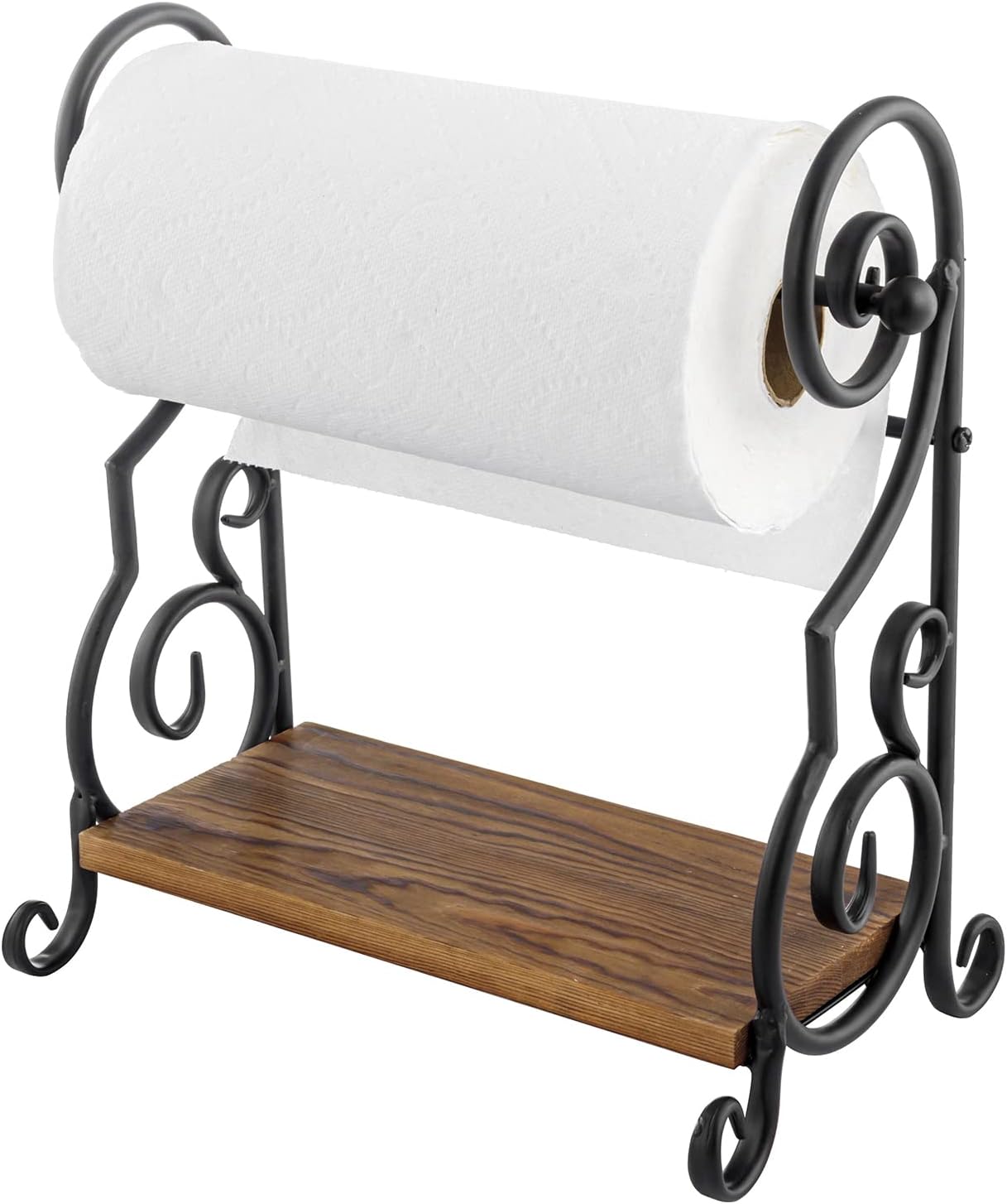 MyGift Black Paper Towel Holder with Rustic Wood Shelf, Countertop Stand | Integrated upper shelf stores spices, oils