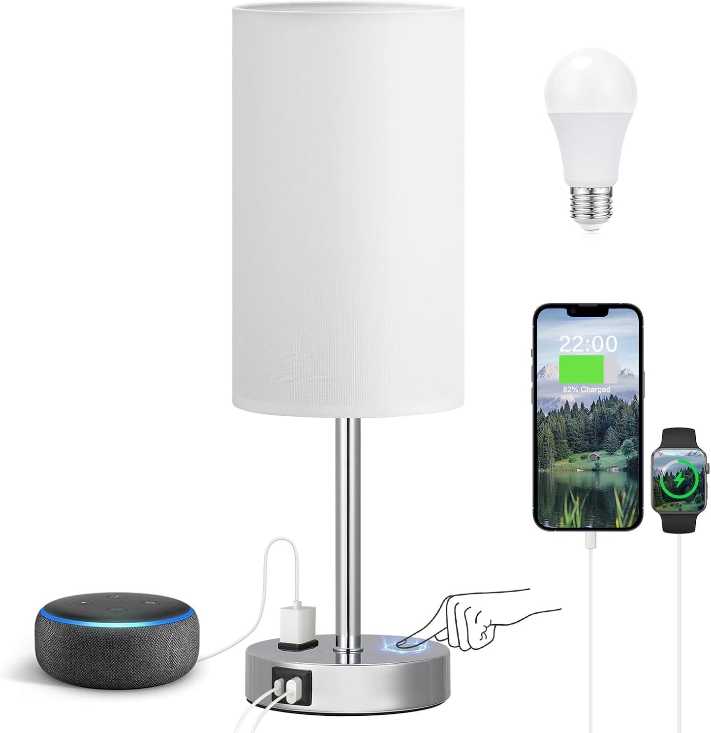 Fenmzee 17.4" White Lamp for Bedroom - Dimmable Touch, USB A+C, AC Outlet