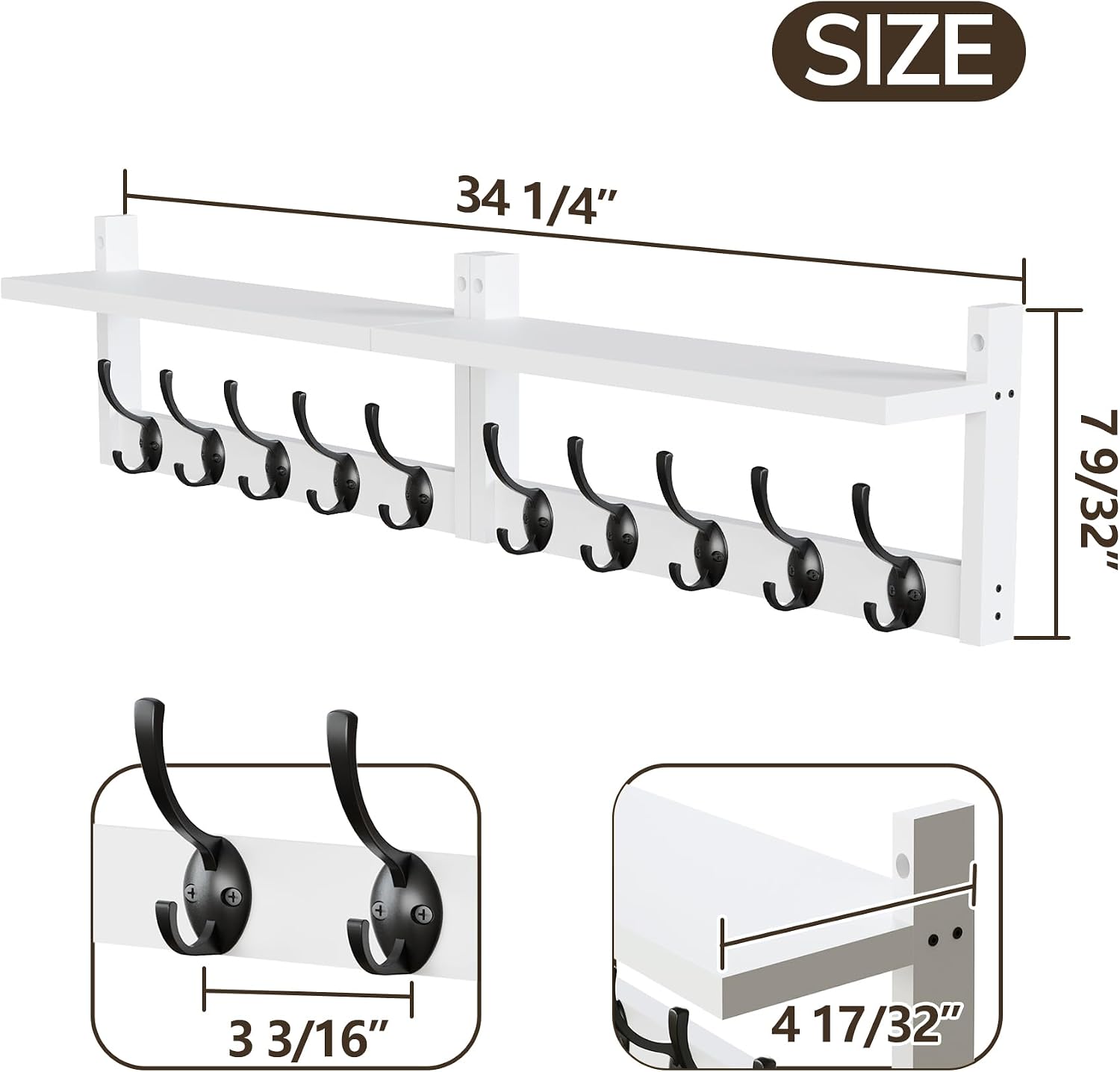 AMBIRD 34.2" L Wooden Wall Coat Hooks with Shelf - Versatile and Decorative Wall-Mounted Storage - 10 Hooks for Hanging