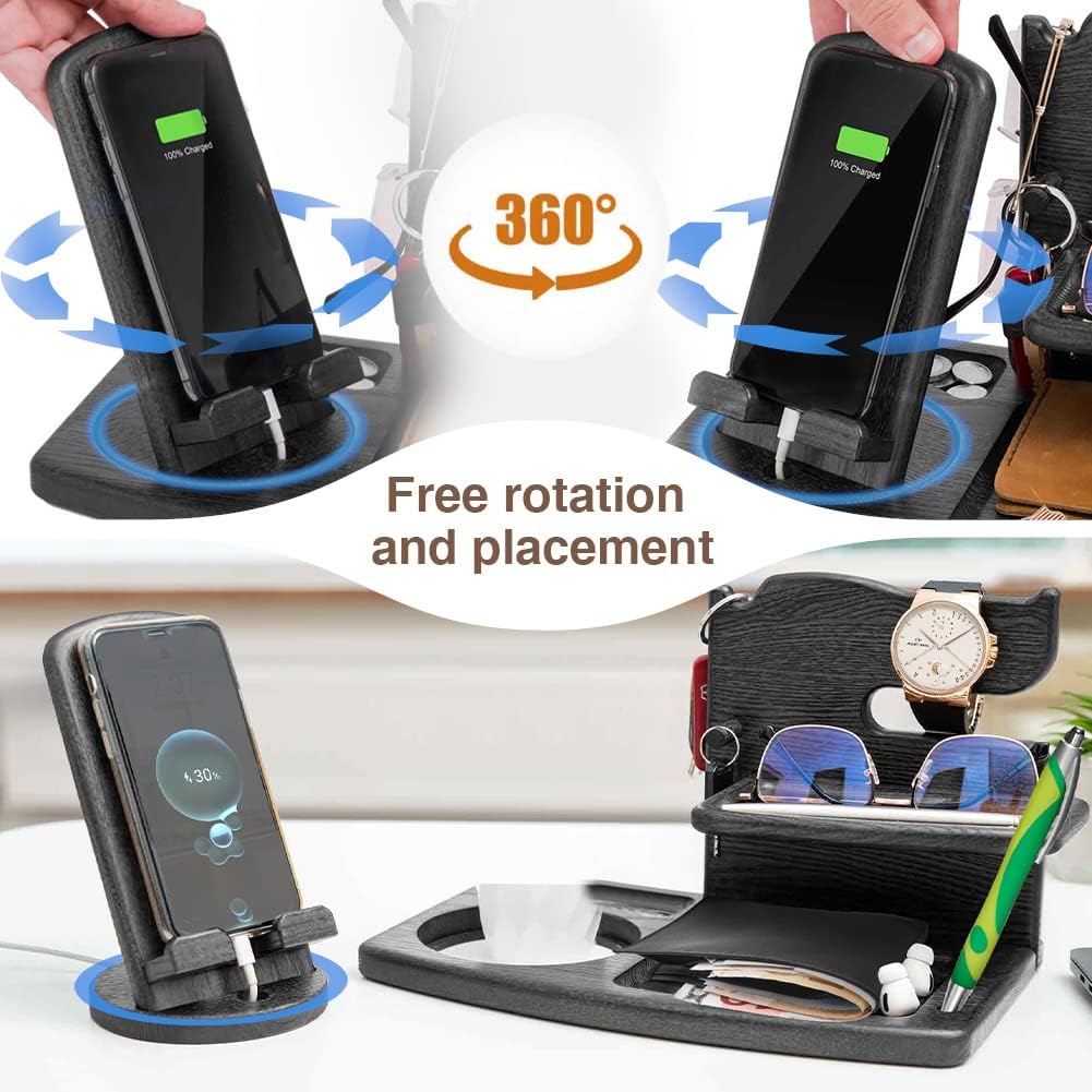 Gifts for Men, Fathers Day Wood Phone Docking Station for Dad, Desk or Nightstand Organizer, Mens Gifts for Husband