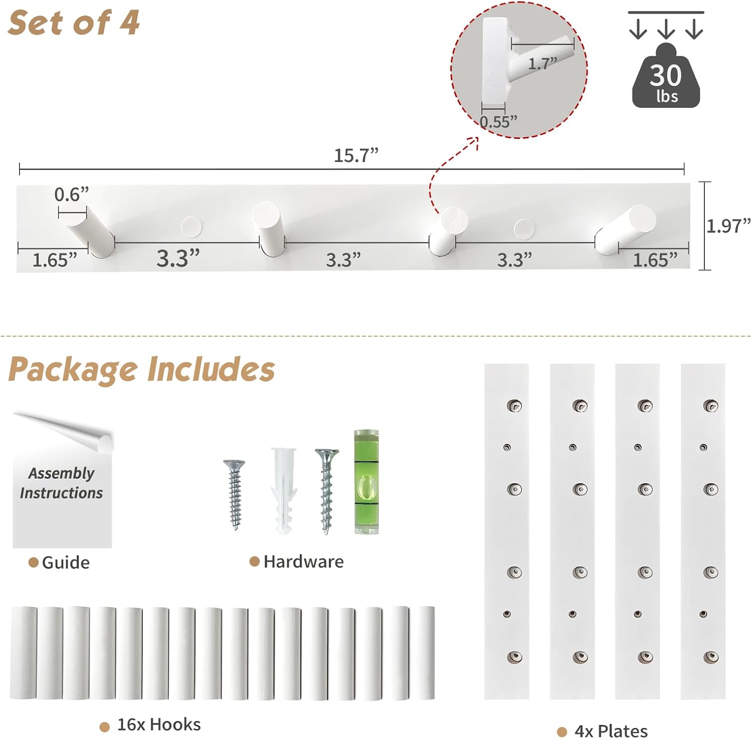 Wood Entryway Coat Rack Wall Mounted Heavy Duty / Bamboo White / 16 Inch / Set of 4