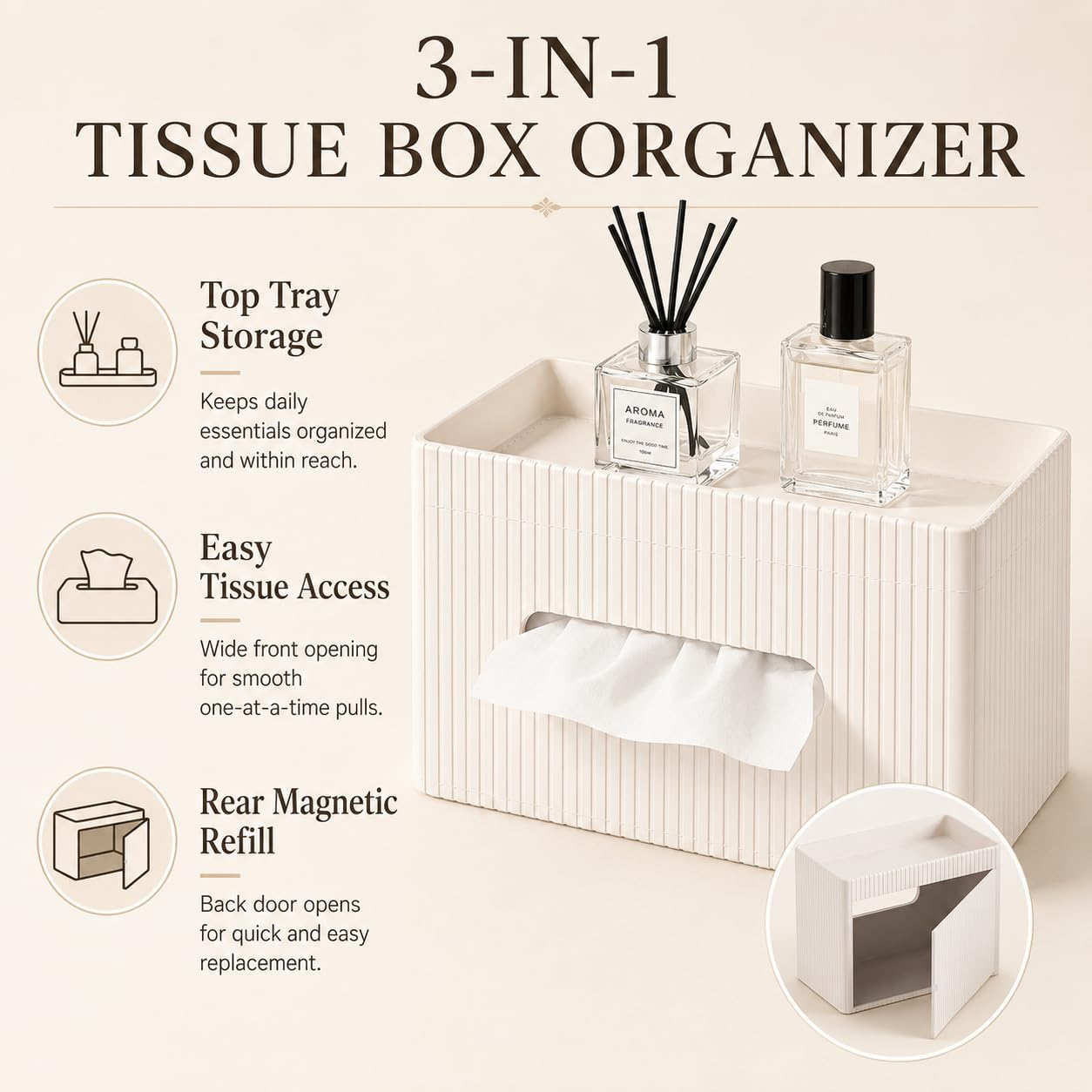 Ribbed PU Leather Tissue Box Cover / Ivory White
