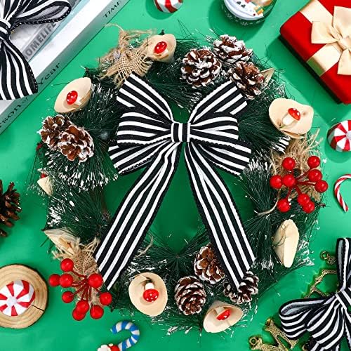Xinnun 6 Pcs Christmas Burlap Bows Wreath Bows,Striped Style,Black, White