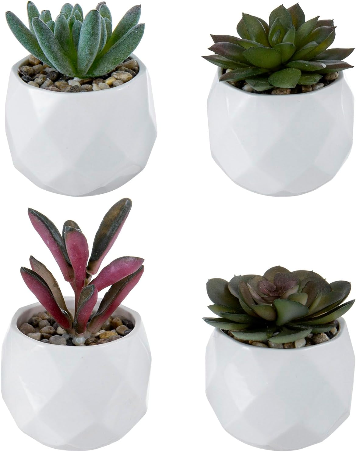 Indoor Fake House Plants in Round Geometric Ceramic Pots / White / Set of 4