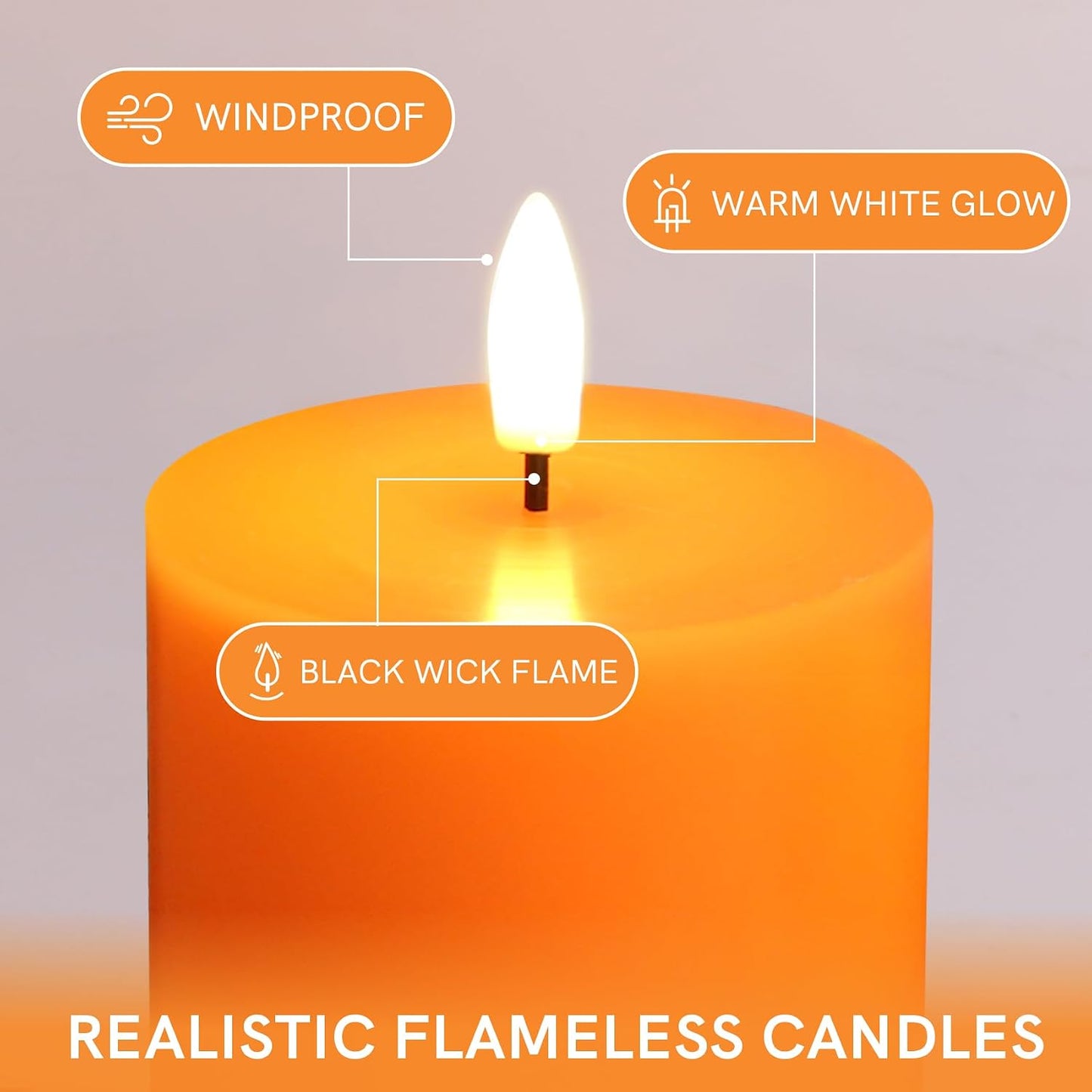 Orange Halloween Fall Flameless Pillar Candles with Remote Set of 3 | Flickering LED Wax Candles, Flat Top, 2 AA