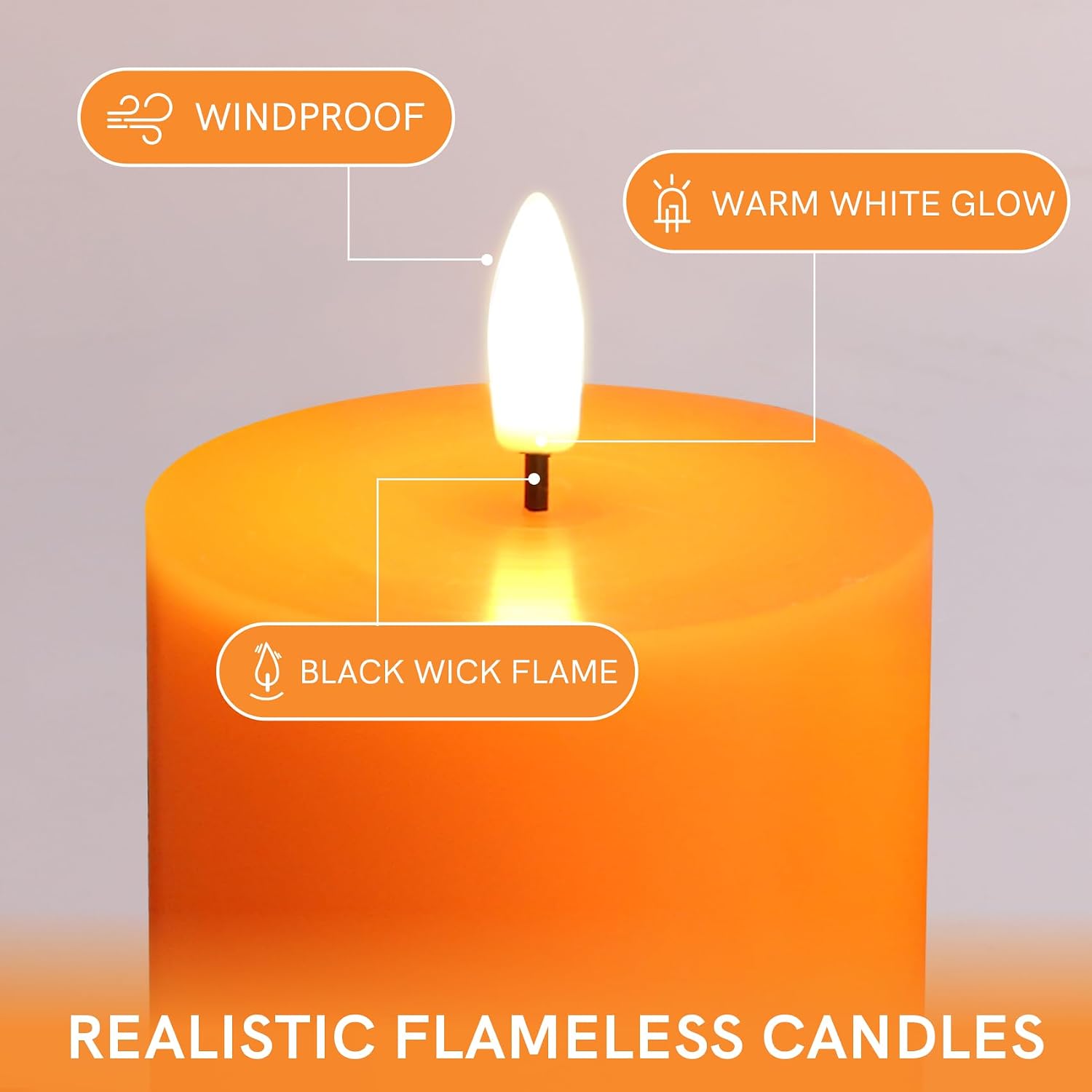 Orange Halloween Fall Flameless Pillar Candles with Remote Set of 3 | Flickering LED Wax Candles, Flat Top, 2 AA