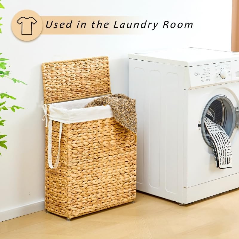 Narrow Wicker Laundry Basket / Hyacinth with Lid / 75L / Natural