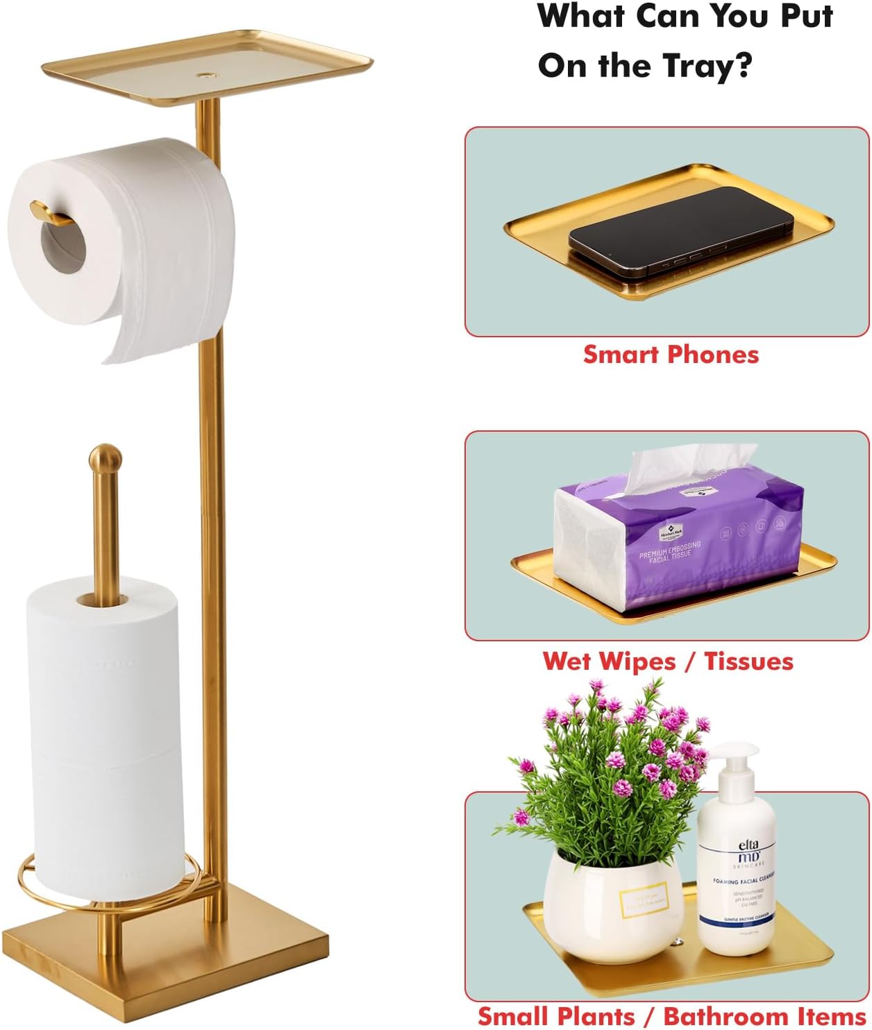 Toilet Paper Holder with Tray At the Top, Heavy-Weighted Base No Wobbly, Freestanding Toilet Paper Rolls Stand, Hold