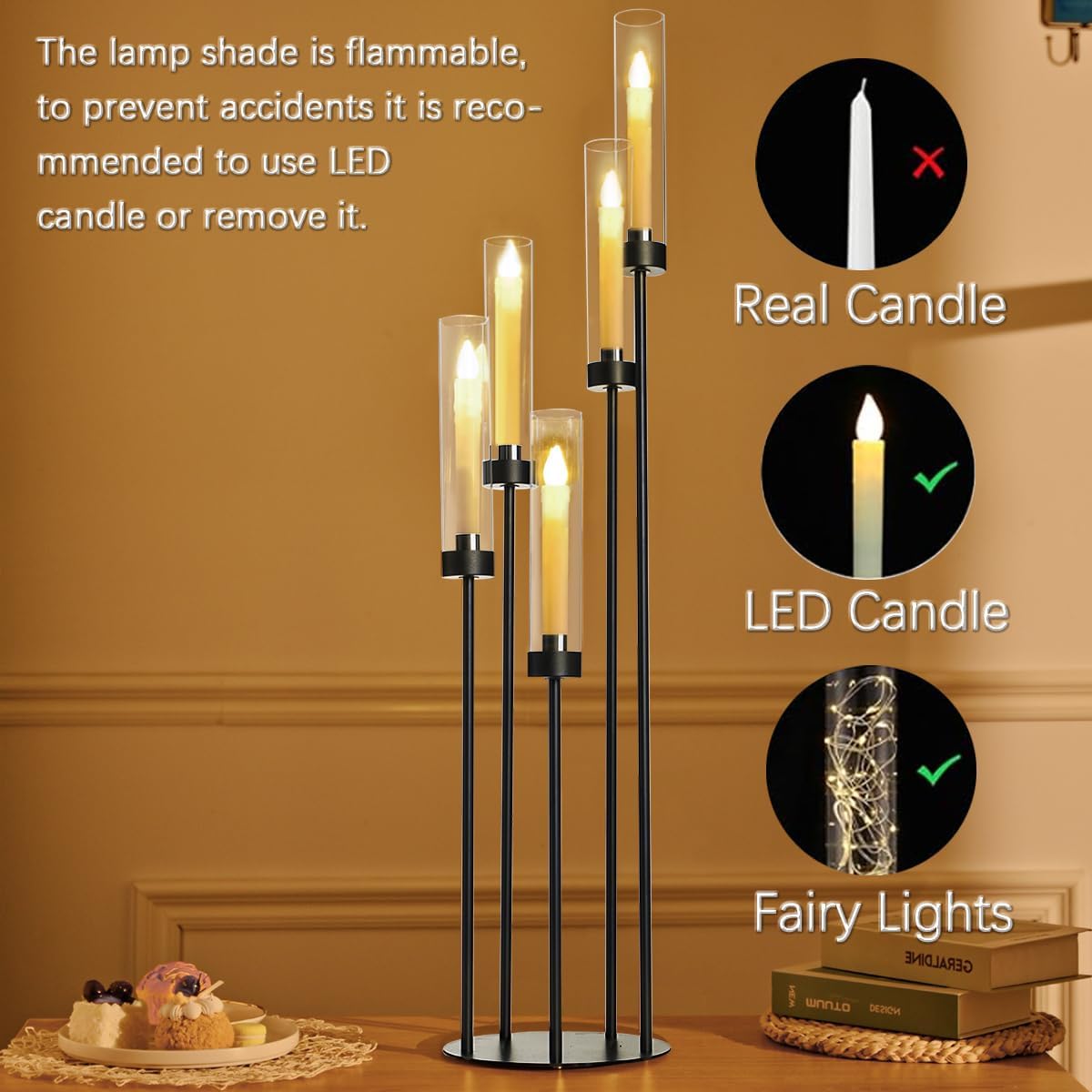 39.8''Matte Black Candle Holder with Acrylic Shades Tall 5 Arm Candelabra Black Table Centerpiece for Wedding Living
