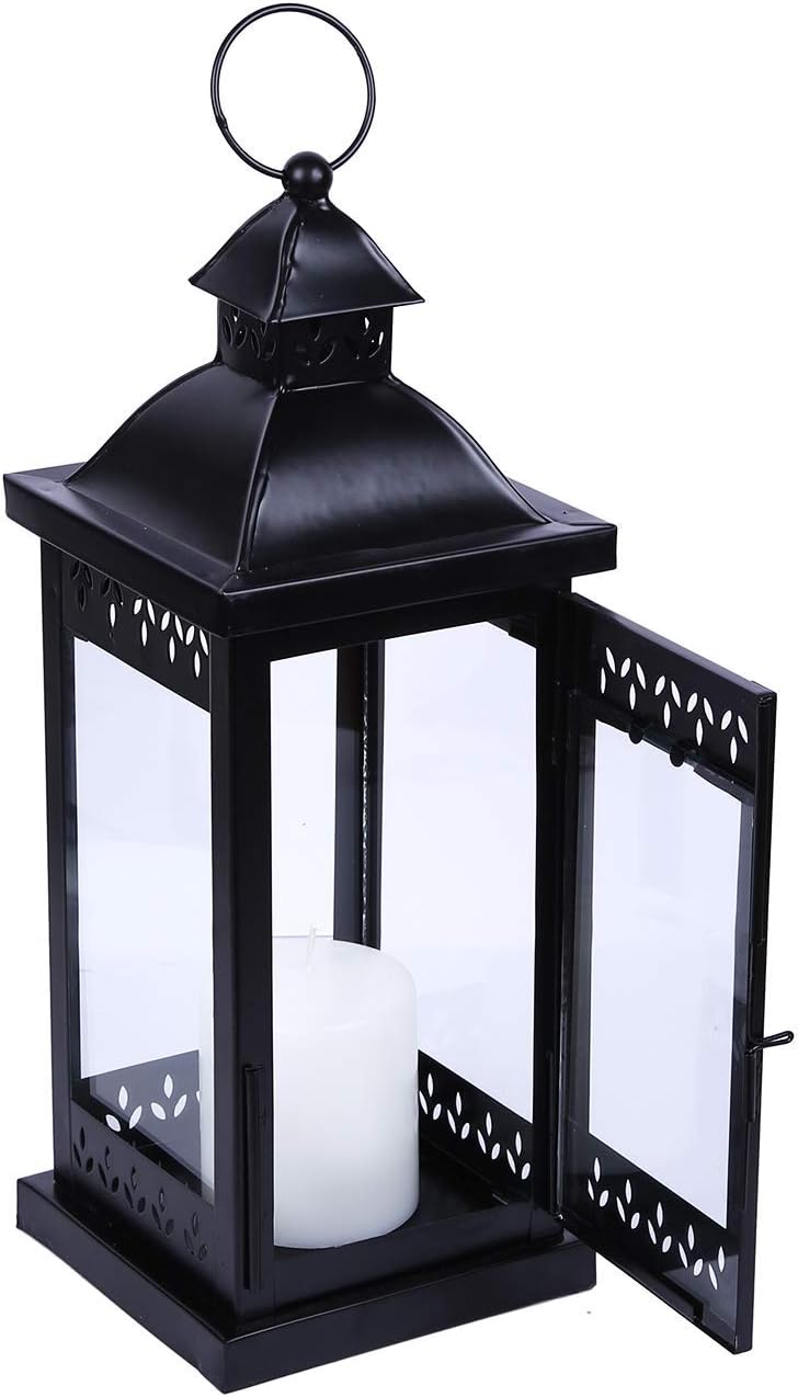 Hosley 15" Clear Glass Iron Lantern - Large Black Classic Style, Decorative Candle Holder for Weddings, Parties