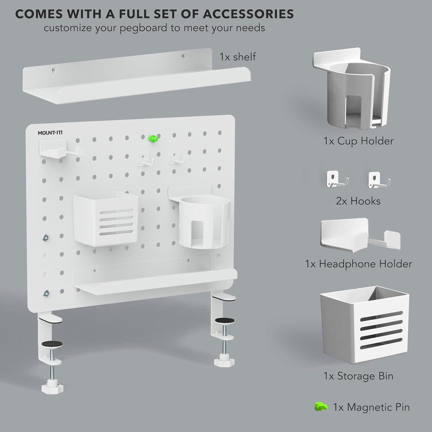 Mount-It! Clamp-On Desk Pegboard Organizer, White | Adaptable desk storage with shelf, cup holder & hooks for home