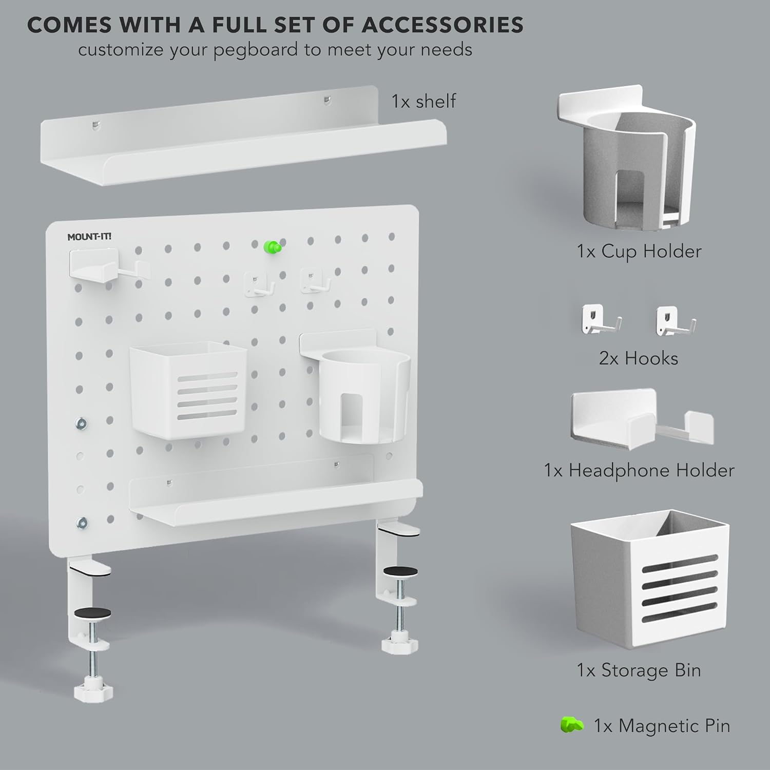 Mount-It! Clamp-On Desk Pegboard Organizer, White | Adaptable desk storage with shelf, cup holder & hooks for home
