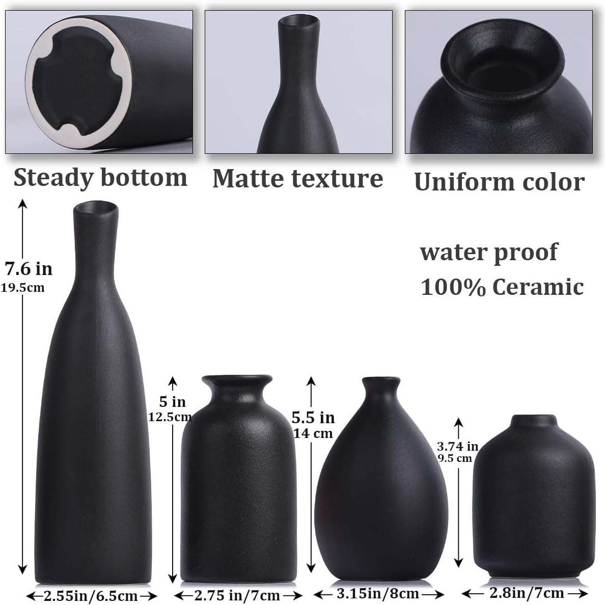 Black Ceramic Bud Vases / Matte Black Set / Set of 4