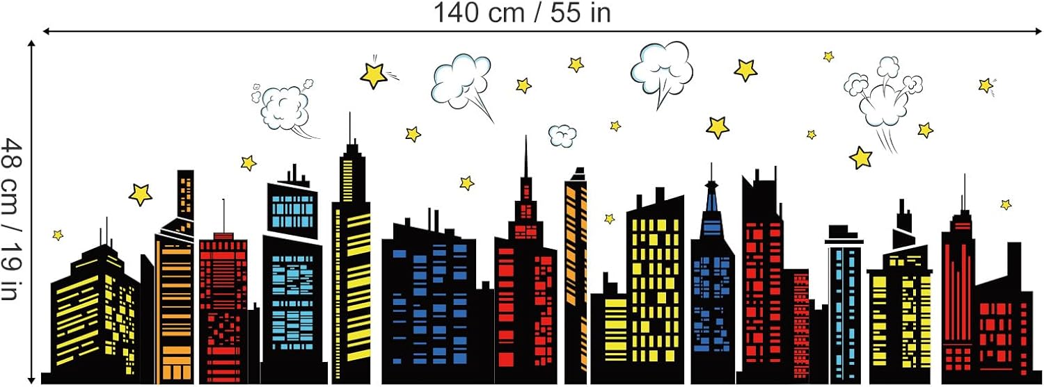 Colorful City Skyline Wall Decals Hero City Building Stars Wall Stickers Bedroom Playroom Toddler