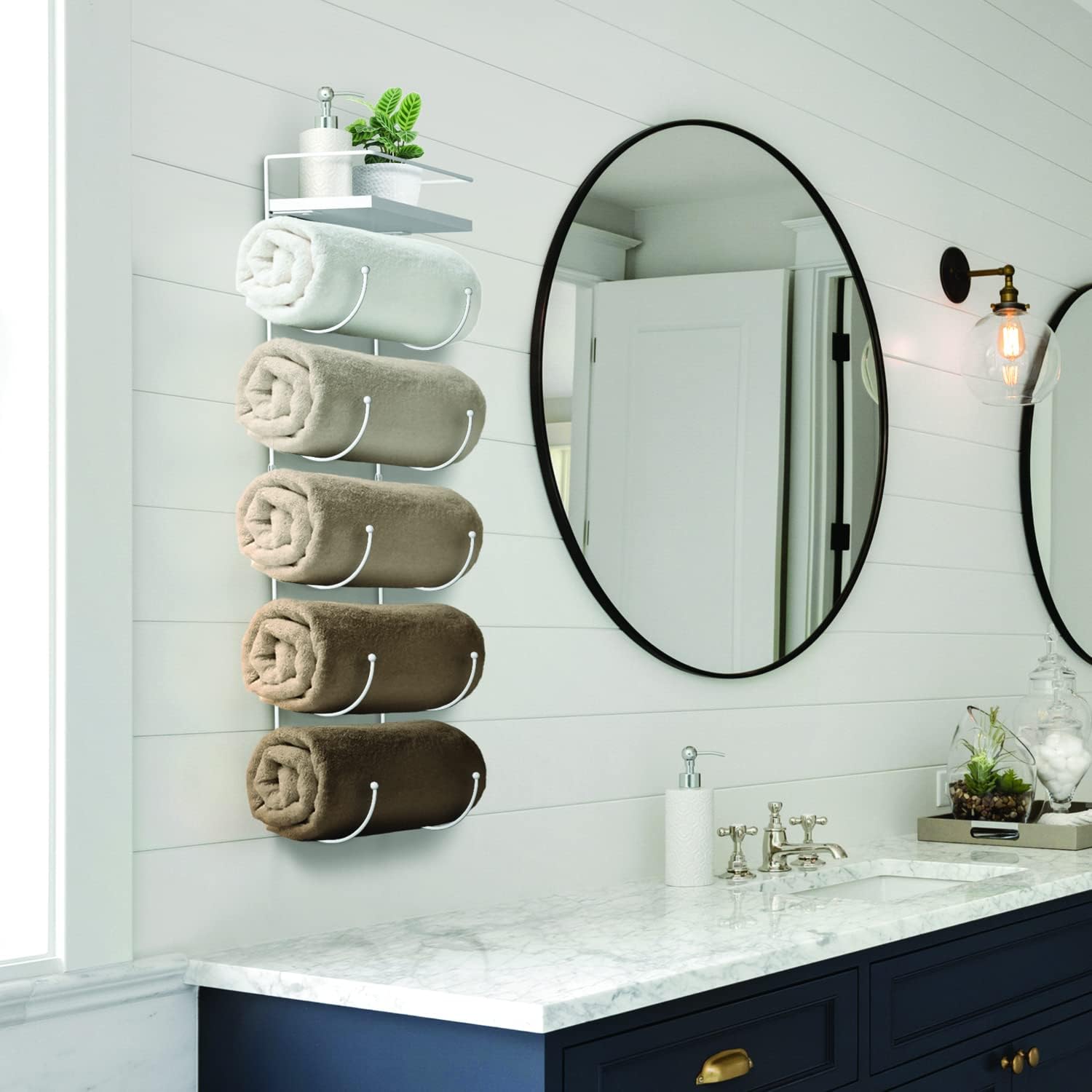 Sorbus Wall Towel Rack, 5-Tier Wood Shelf, Wall Mounted (White) | Five-tier metal holder for rolled bath towels