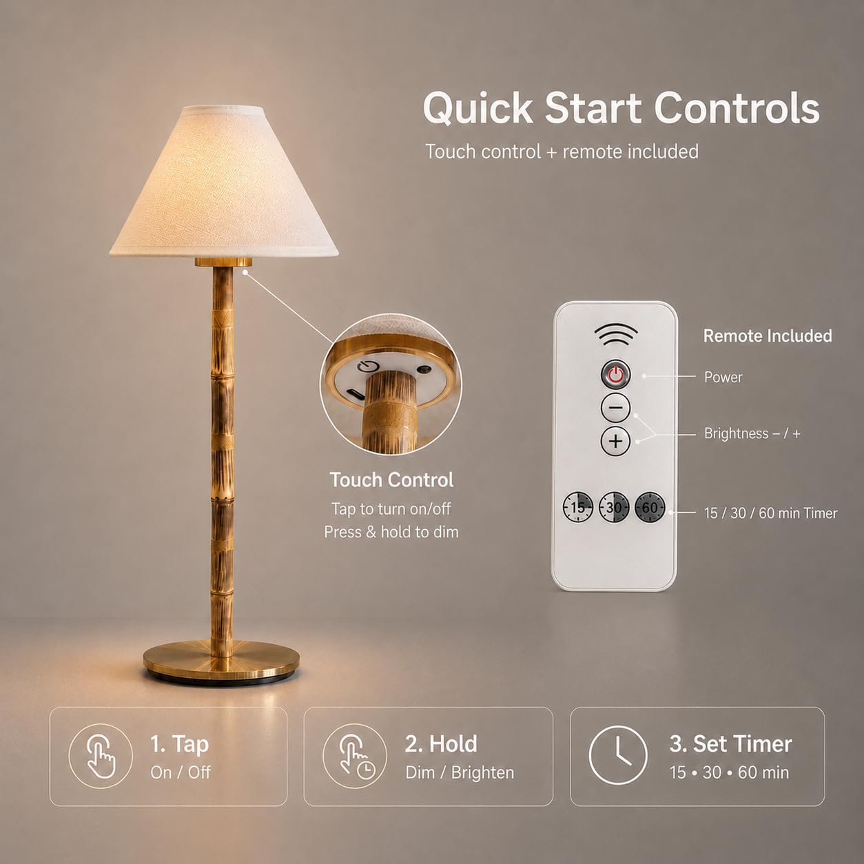 Bamboo Cordless LED Table Lamp – Rechargeable 24-Hour Battery, Dimmable Warm Light, Portable Wireless Lamp with Remote
