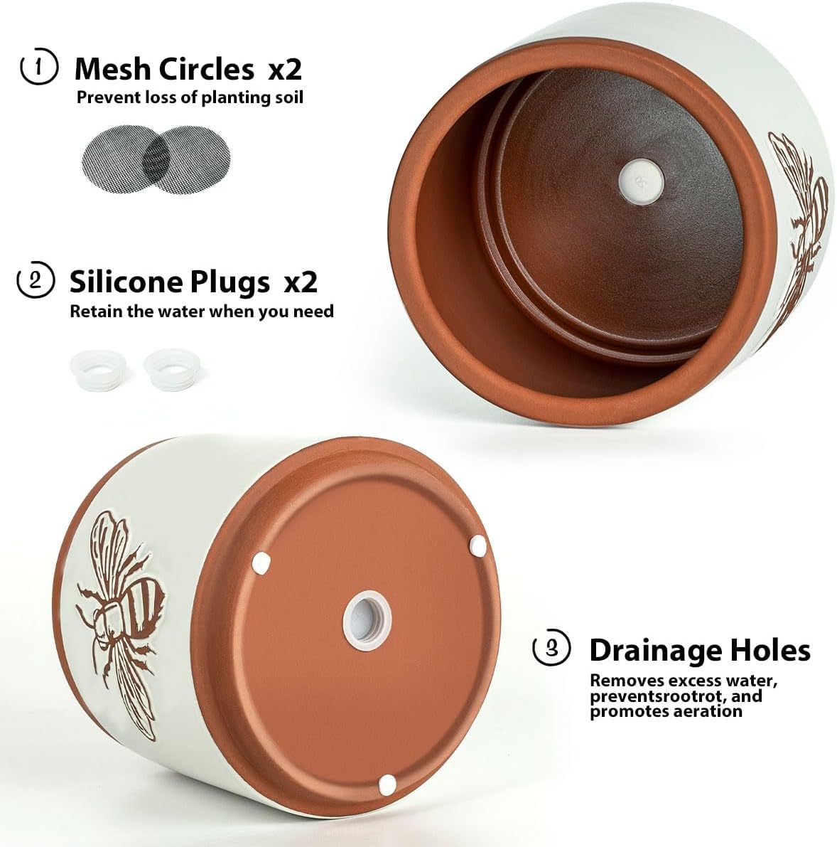 YBX Terracotta Pots / 6+4 Inch / White Bee
