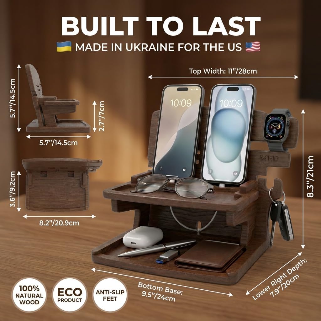 MED Wood Phone Docking Station for Men - Desk or Nightstand Organizer - Birthday Gifts for Husband, Dad - Anniversary
