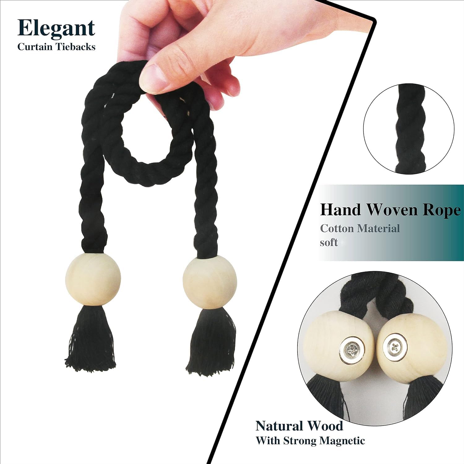 Magnetic Curtain Tiebacks Decorative Tie Back Drapes Holdbacks Nieffeiy | 6 Pack Black Cotton Hand Woven Rope Curtain