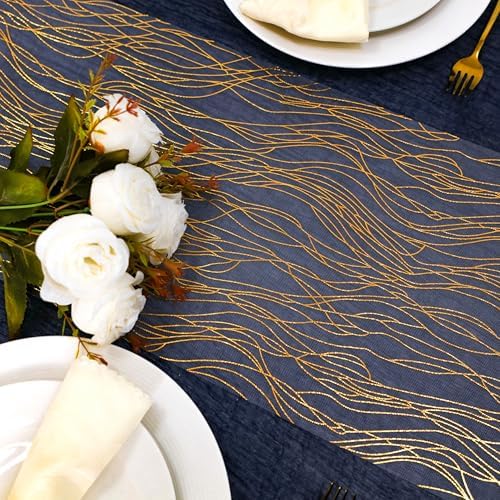 Snowkingdom 2pcs Gold Wave Table Runner, 11×108 Inch Golden Metallic Sparkle Lines Mesh Table Runners, Lightweight Gold Party Decorations for Mothers Day, Wedding, Birthday, Christmas, Party Dinner